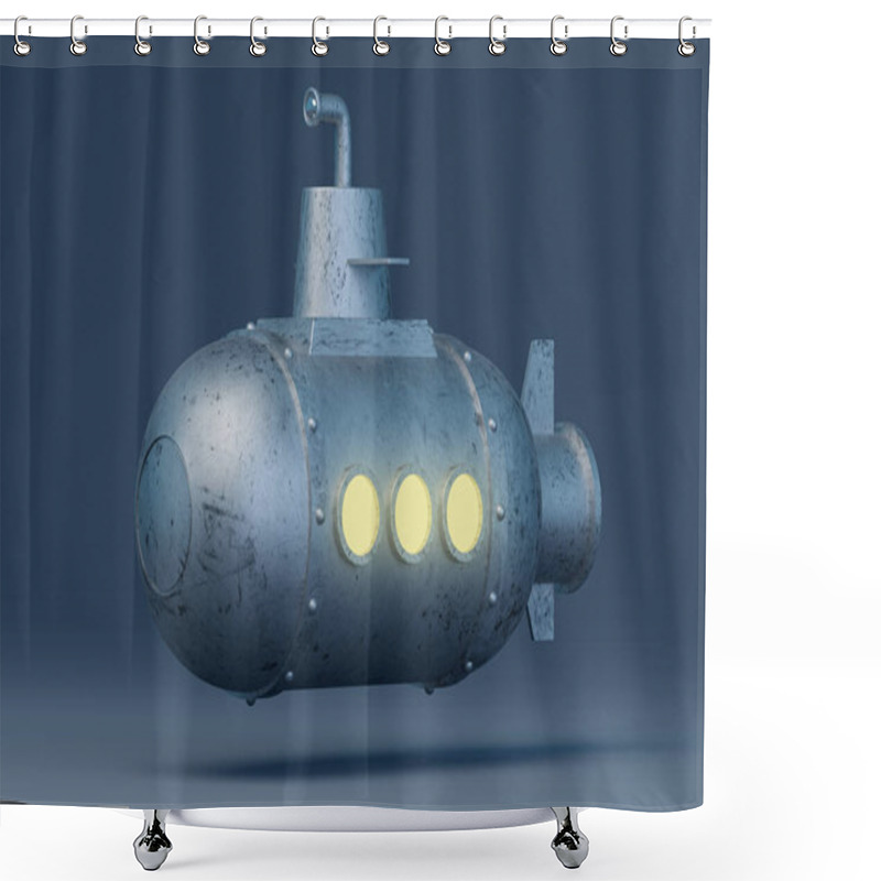 Personality  3d Illustration. A Simple Cartoonish Submarine Made Of Scratched Metal And Equipped With A Periscope On The Blue Background Of A Deep Ocean. Shower Curtains