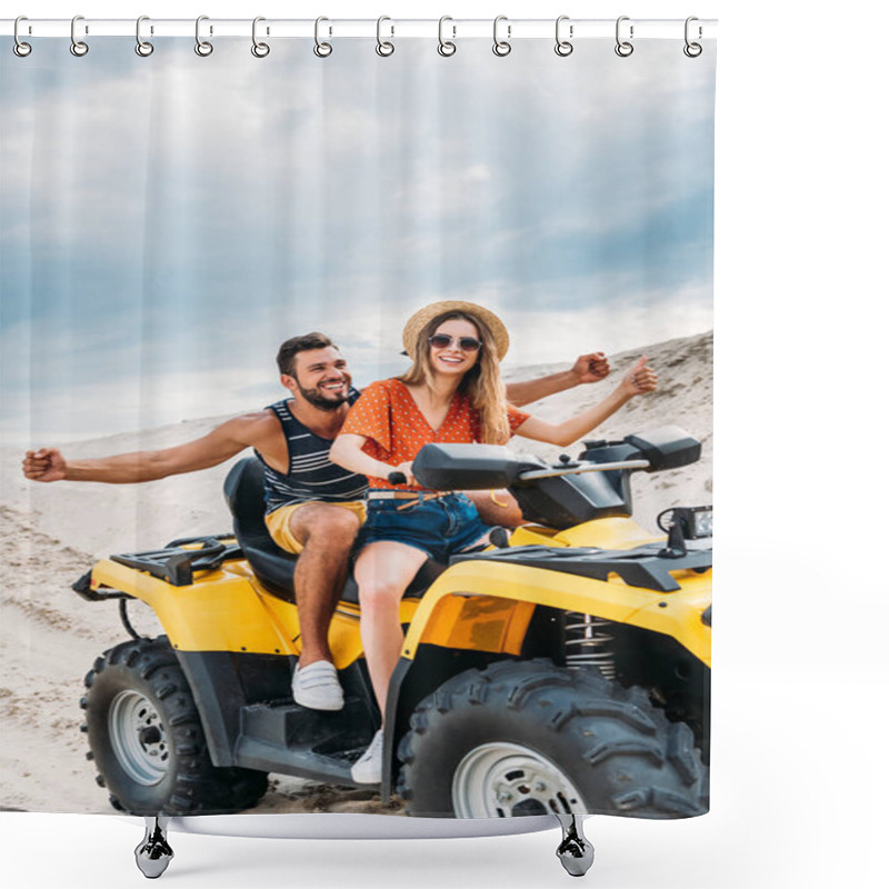 Personality  Happy Young Couple Riding All-terrain Vehicle In Desert On Cloudy Day Shower Curtains