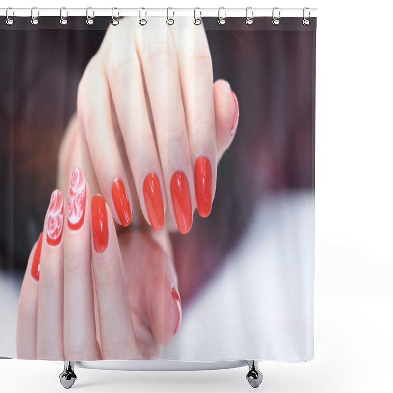 Personality  Nail Design . Manicure Nail Paint . Beautiful Female Hand With Colorful Nail Art Design Manicure Shower Curtains