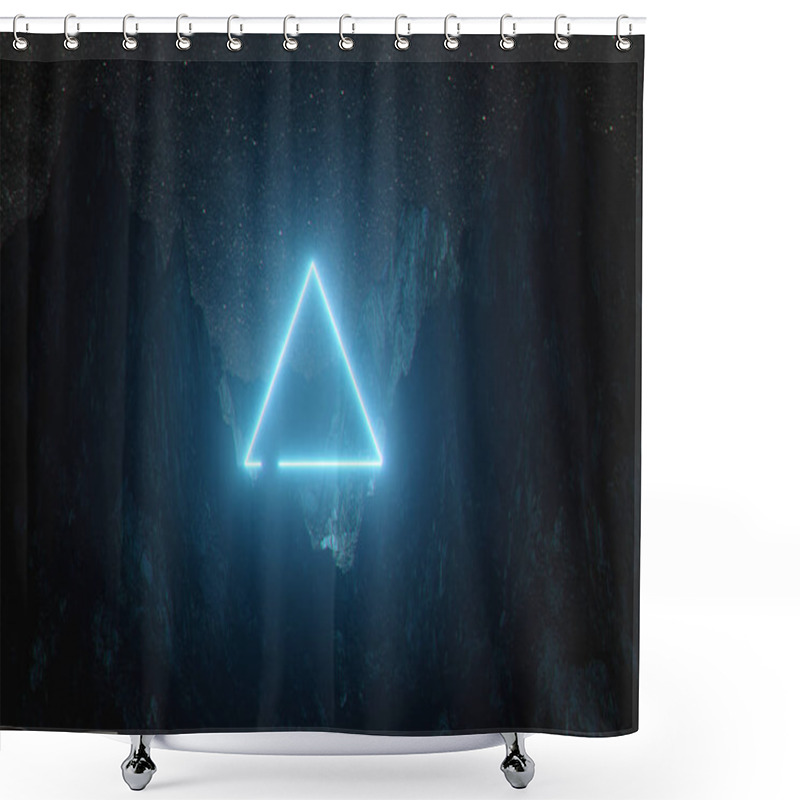 Personality  Beautiful Minimalistic Fantastic Landscape. Bright Blue Neon Triangle Among The Mountains Against The Background Of A Rotating Night Starry Sky. 3d Illustration Shower Curtains