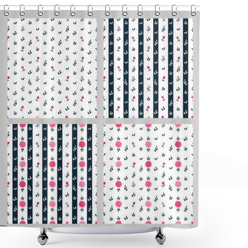 Personality  Set Of Simple Floral Seamless Patterns With Hand Drawn Spring Flowers Shower Curtains