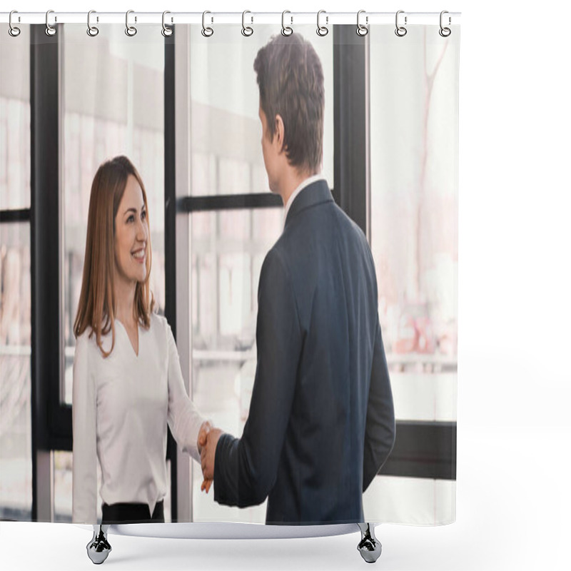 Personality  Happy Woman Shaking Hands With Employer After Job Interview Shower Curtains