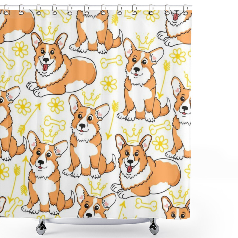 Personality  Seamless Pattern With Welsh Corgi Pembroke, Crown, Bones, Arrows And Flowers. Vector Background With Queen Dogs.  Shower Curtains