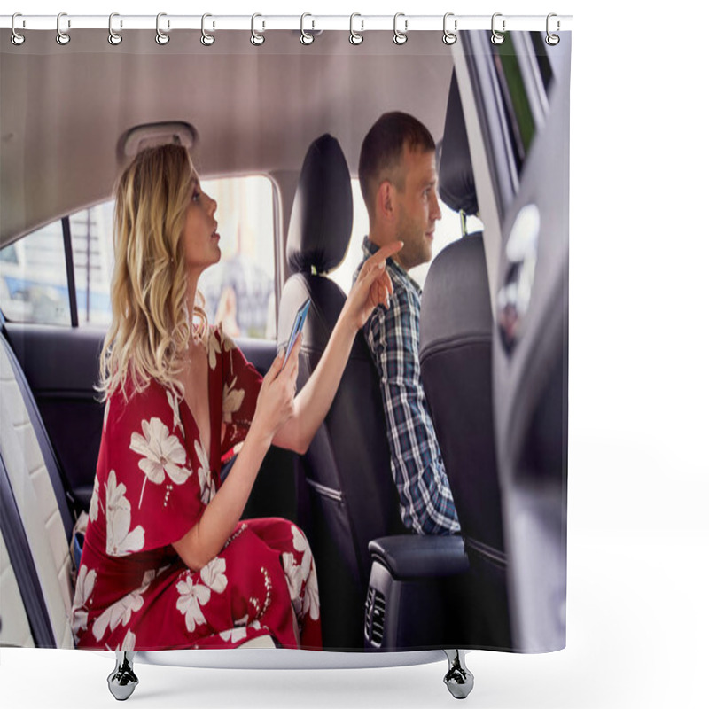 Personality  Photo Of Blonde Woman Looking At Camera Sitting In Back Seat Of Car Shower Curtains