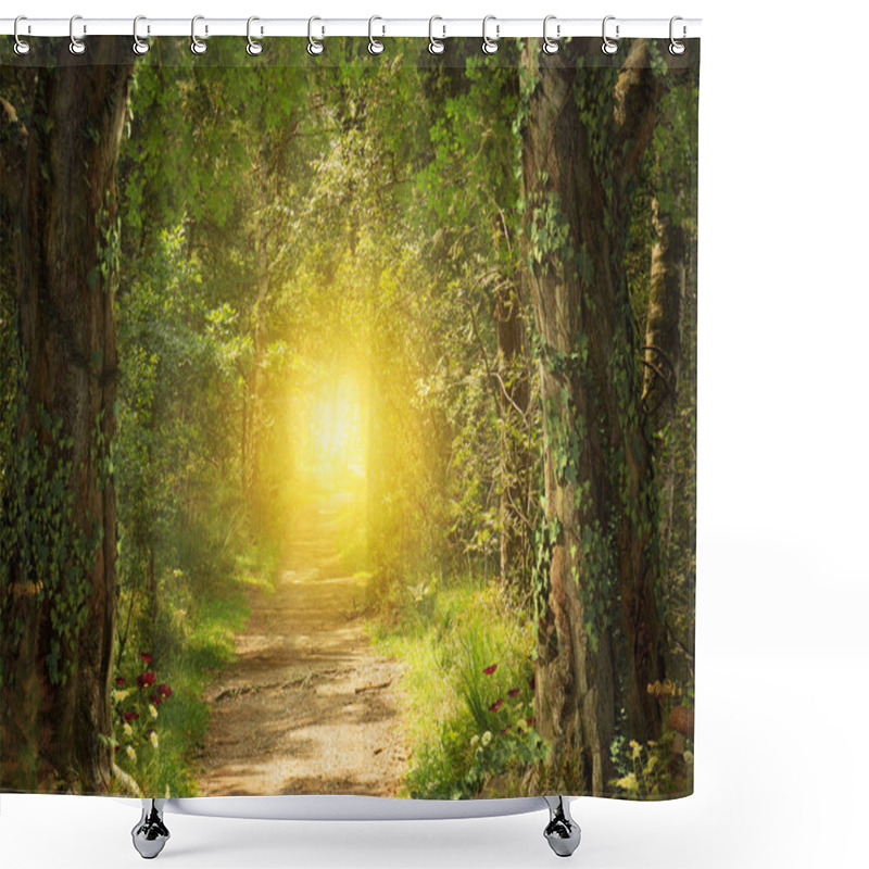 Personality  Beautiful Enchanting Foot Path Through A Fairy Tale Woodland Leading To A Bright Eternal Light, 3d Render. Shower Curtains