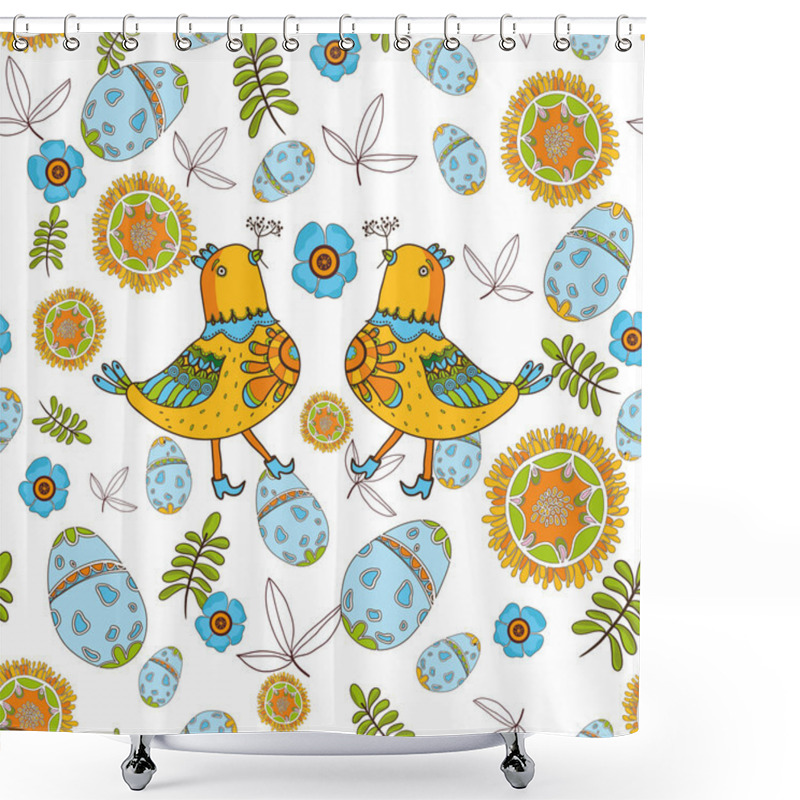 Personality  Easter Seamless Vector Pattern With Birds, Flowers, Bunches And Eggs. Shower Curtains