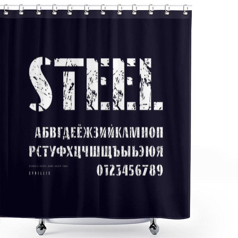 Personality  Cyrillic Stencil-plate Sans Serif Font In Military Style. Bold Face. Letters And Numbers With Vintage Texture For Logo And Label Design Shower Curtains