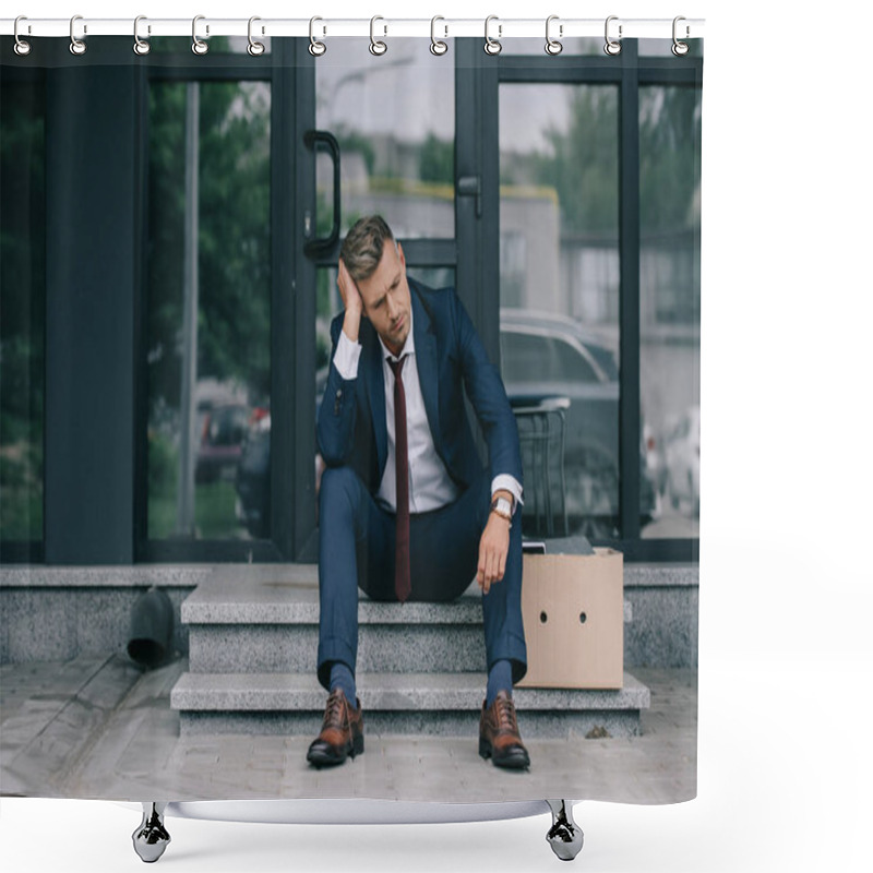 Personality  Dismissed Businessman In Suit Sitting On Stairs Near Carton Box And Touching Hair  Shower Curtains