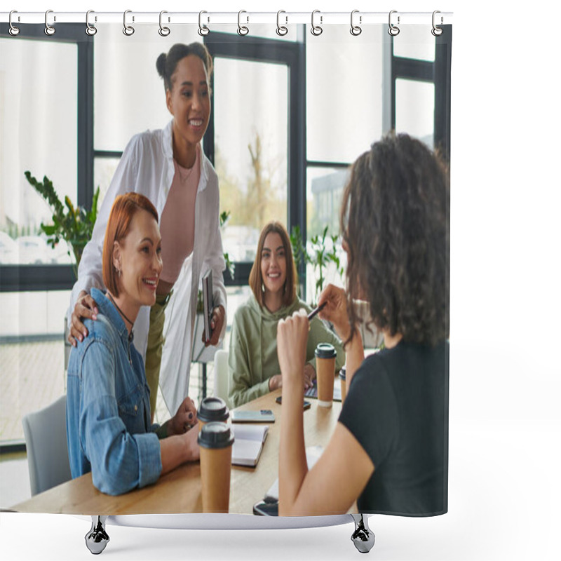 Personality  Joyful African American Coach With Notebook Embracing Woman And Talking To Multicultural Group Sitting Near Takeaway Drinks In Interest Club, Mutual Support And Understanding Concept Shower Curtains