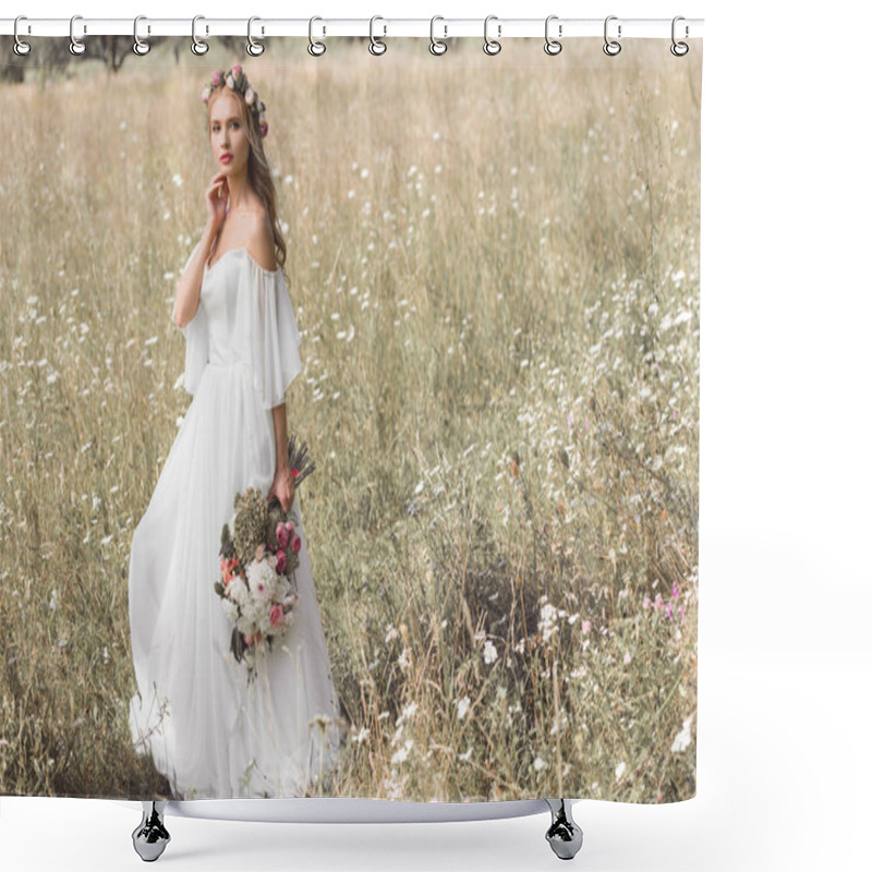 Personality  Beautiful Pensive Young Bride In Wedding Dress And Floral Wreath Holding Bouquet Of Flowers While Standing Outdoors Shower Curtains