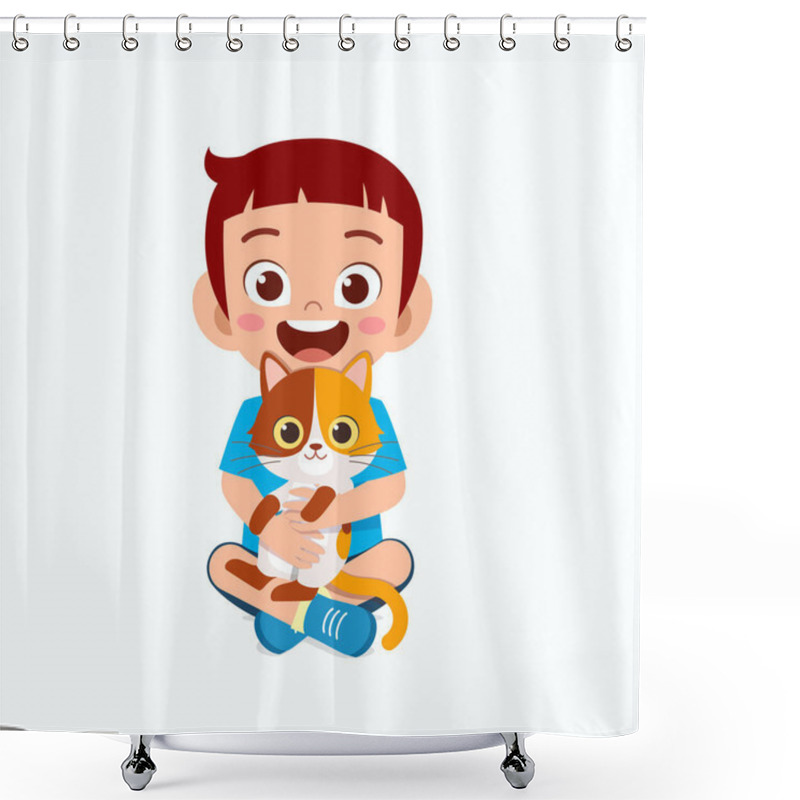 Personality  Happy Cute Little Kid Boy Play With Pet Cat Shower Curtains