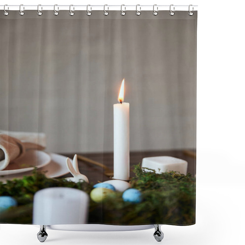 Personality  Selective Focus Of Burning Candle And Plates Near Moss On Wooden Table At Home Shower Curtains