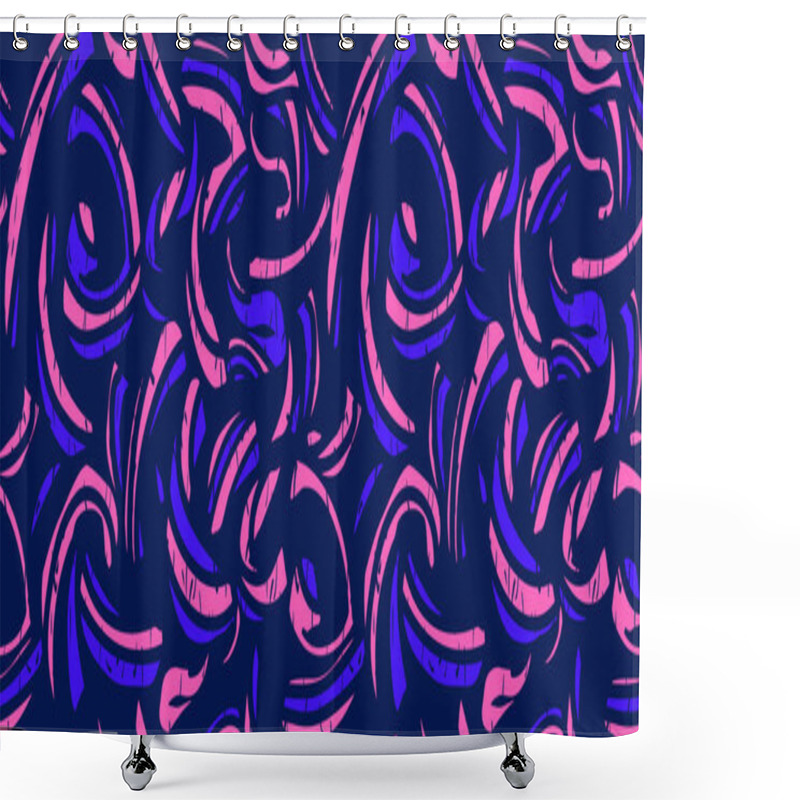 Personality  Abstract Organic Shapes Seamless Pattern On A Black Background. Vector Hand Drawing Blue And Pink Curved Shape And Bold Wavy Lines. Colorful Contemporary Minimalist Print. Plain Dynamic Ornament Shower Curtains