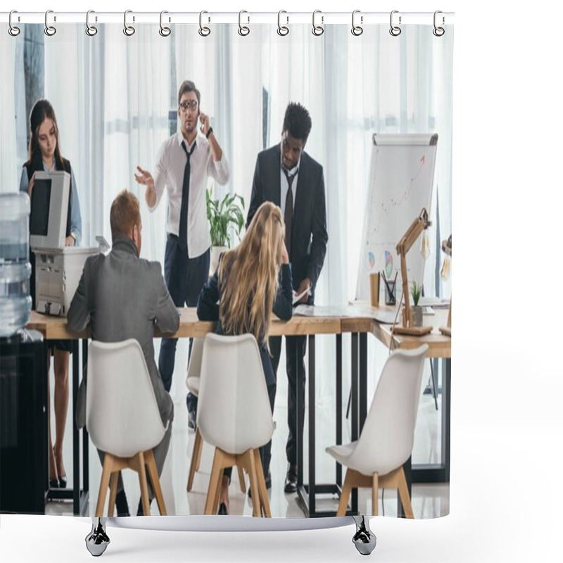 Personality  Group Of Businesspeople Having Conversation At Office While Boss Talking By Phone Shower Curtains