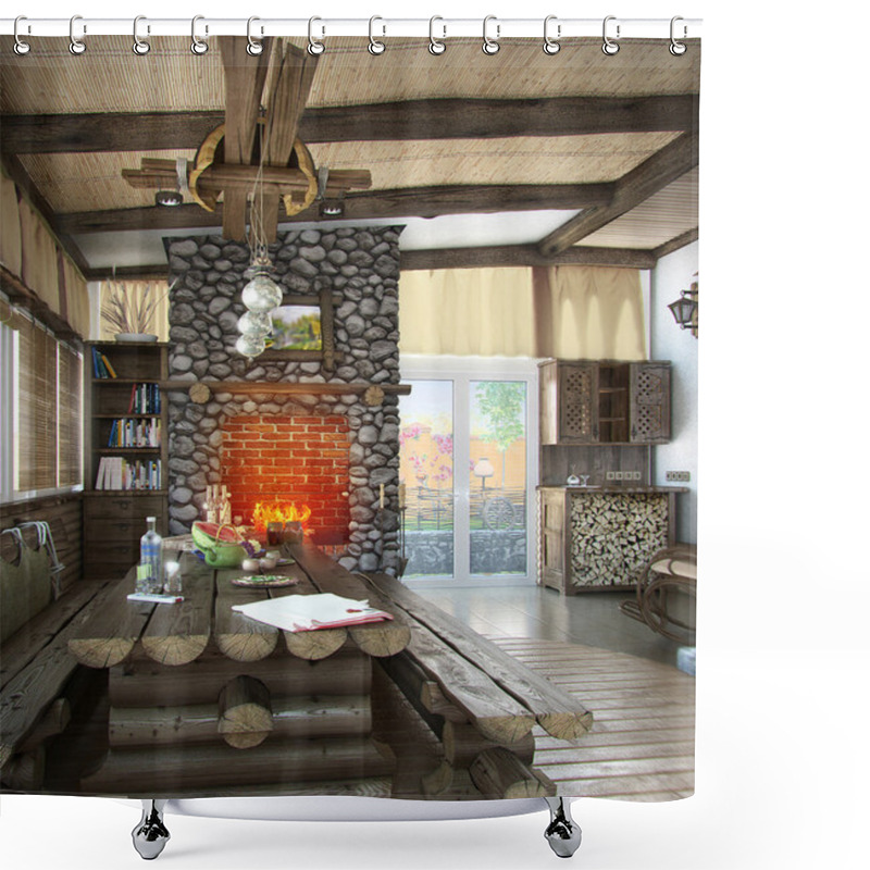 Personality  Bungalow Central Living Area, 3d Render Shower Curtains