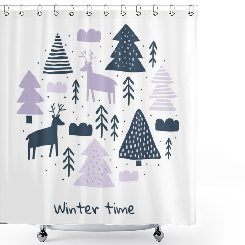 Personality  Circle Illustration With Deers Silhouette, Pines Shower Curtains