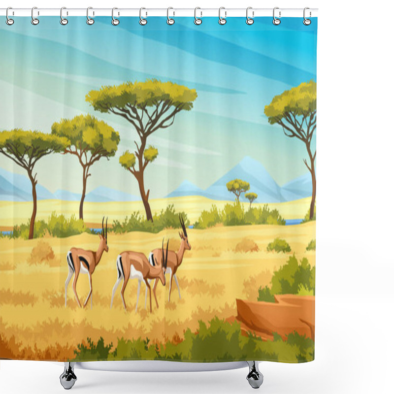 Personality  African Savannah Landscape With Wild Roe Young Deers, Nature Of Africa, Cartoon Background. Vector Green Trees, Rocks And Plain Grassland Field Under Blue Clear Sky. Kenya Panoramic View Shower Curtains