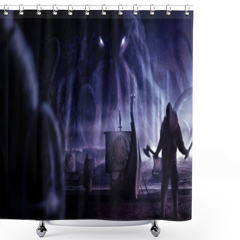 Personality  A Giant Monster With Glowing Eyes Attacking Viking Dragon Boats In The Sea. A Horror Fantasy Landscape With Brave Scandinavian Warriors And A Emerging From The Water Kraken With Long Tentacles.  Shower Curtains