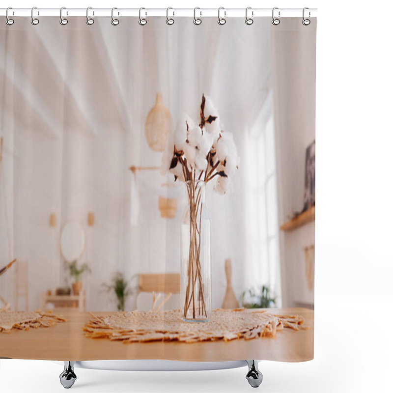 Personality  Dry Flower Bouquet Cotton In High Glass Vase On Wicker Napkin And White Light Minimalistic Apartment Interior On Background, Selective Focus Shower Curtains