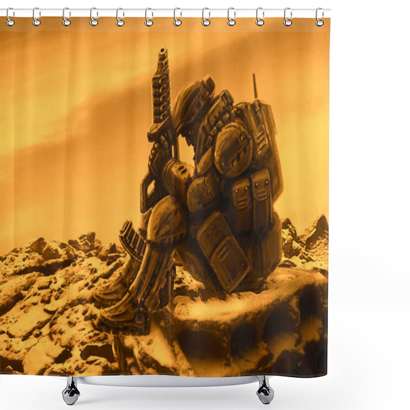 Personality  Space Soldier Awaits Evacuation With A Spaceship. Orange Background. Shower Curtains