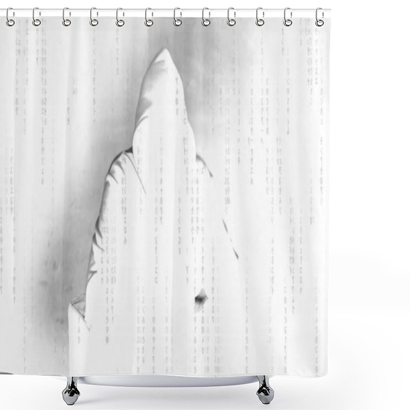 Personality  Man Sitting In A Hood With His Face Hidden, Anonymous Hacker Conceptual Background Shower Curtains