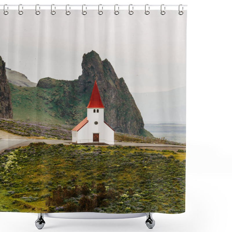 Personality  Vikurkirkja Church In Vik, South Iceland, Surrounded By Dramatic Cliffs And Lush Green Fields Shower Curtains