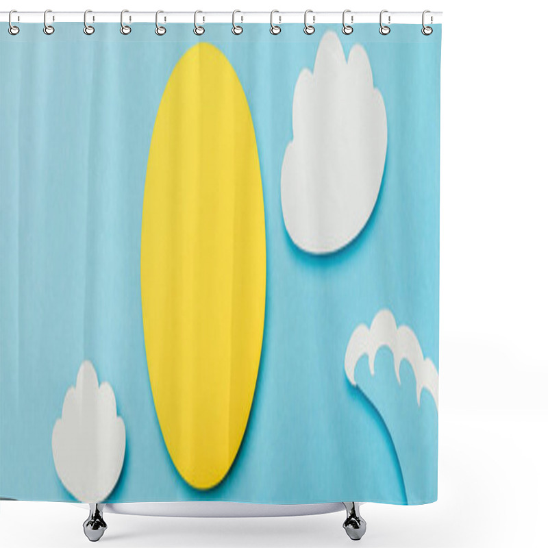 Personality  Top View Of Paper Cut Sun, Clouds And Sea Wave On Blue Background, Panoramic Shot Shower Curtains