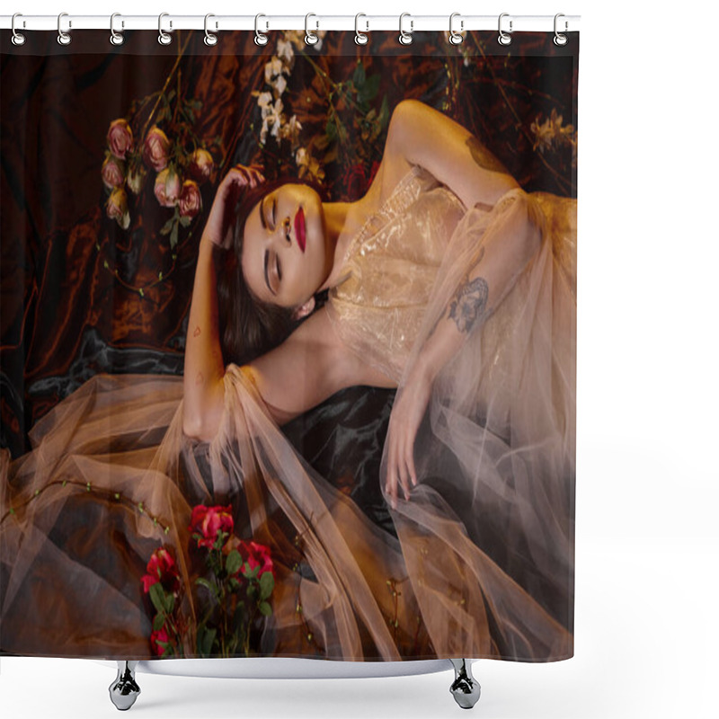 Personality  Charming Tattooed Young Woman In Romantic Transparent Dress Lying Among Blooming Flowers Shower Curtains