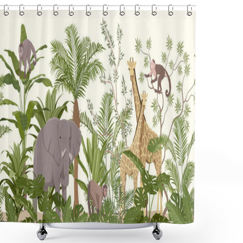 Personality  Jungle Animal Wallpaper With Tropical Vegetation Shower Curtains