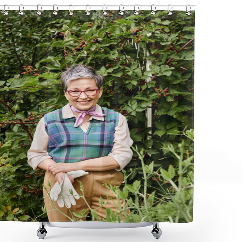 Personality  Joyful Refined Mature Woman With Gloves And Glasses Taking Care Of Her Plants And Smiling At Camera Shower Curtains