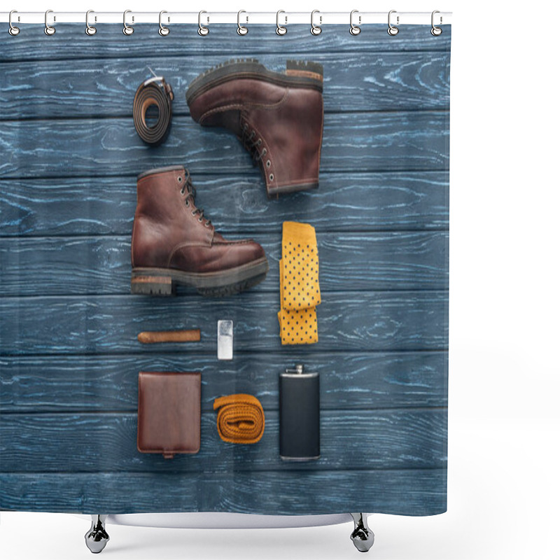 Personality  Flat Lay With Shoes, Cigar And Hip Flask On Wooden Background Shower Curtains