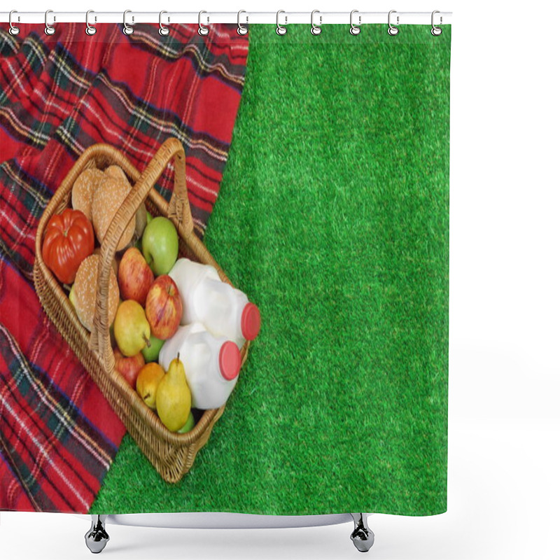 Personality  Wicker Basket With Food And Drink On The Picnic  Blanket Shower Curtains