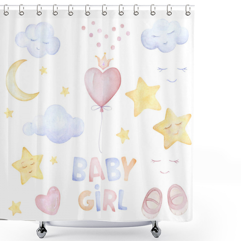 Personality  Watercolor Set. Baby Girl. Baby Shower. Kids Prints. Lettering. Clouds Sleep, Moon, Stars, Hearts, Crown, Balloons, Baby Slippers. White Background. Print Quality Shower Curtains