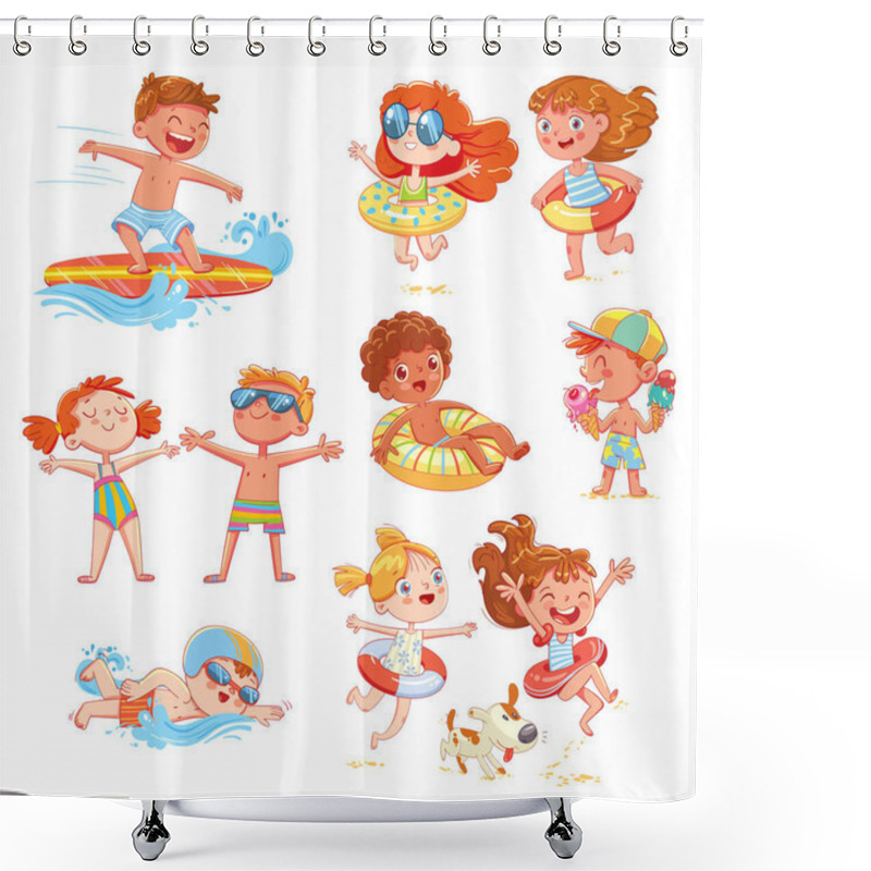 Personality  Set Of Summer Scenes With Children. Vacation At Sea. Child Swim With Inflatable Rubber Circle, Sunbathe On The Beach, Surfing, Swimming Race, Eat Ice Cream. Funny Cartoon Character Shower Curtains