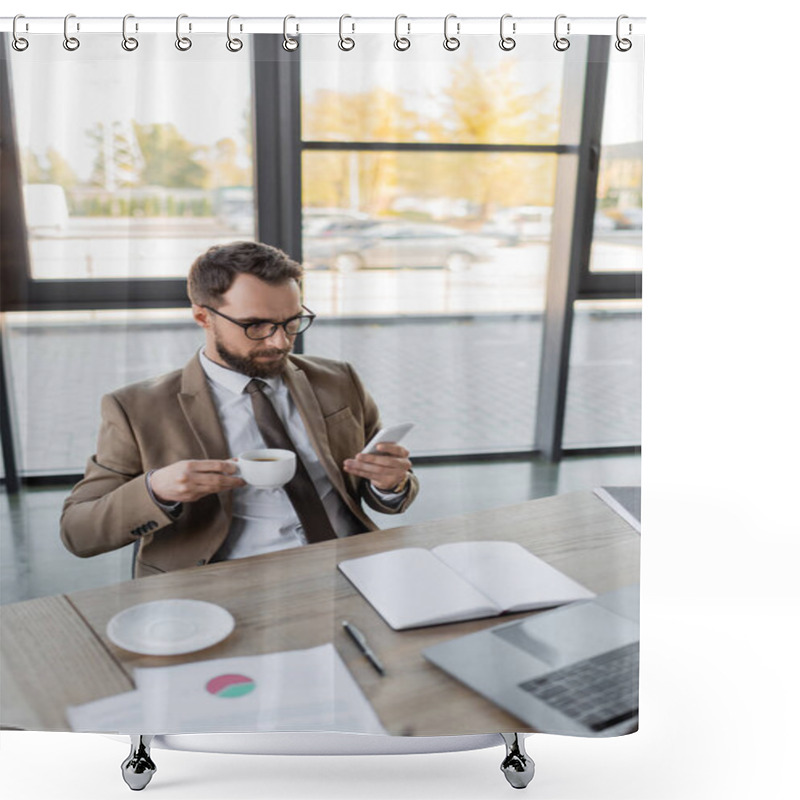 Personality  High Angle View Of Manager In Beige Blazer, Tie And Eyeglasses Holding Coffee Cup And Looking At Laptop While Sitting At Workplace Near Empty Notebook, Documents And Saucer On Office Desk, Blur Shower Curtains