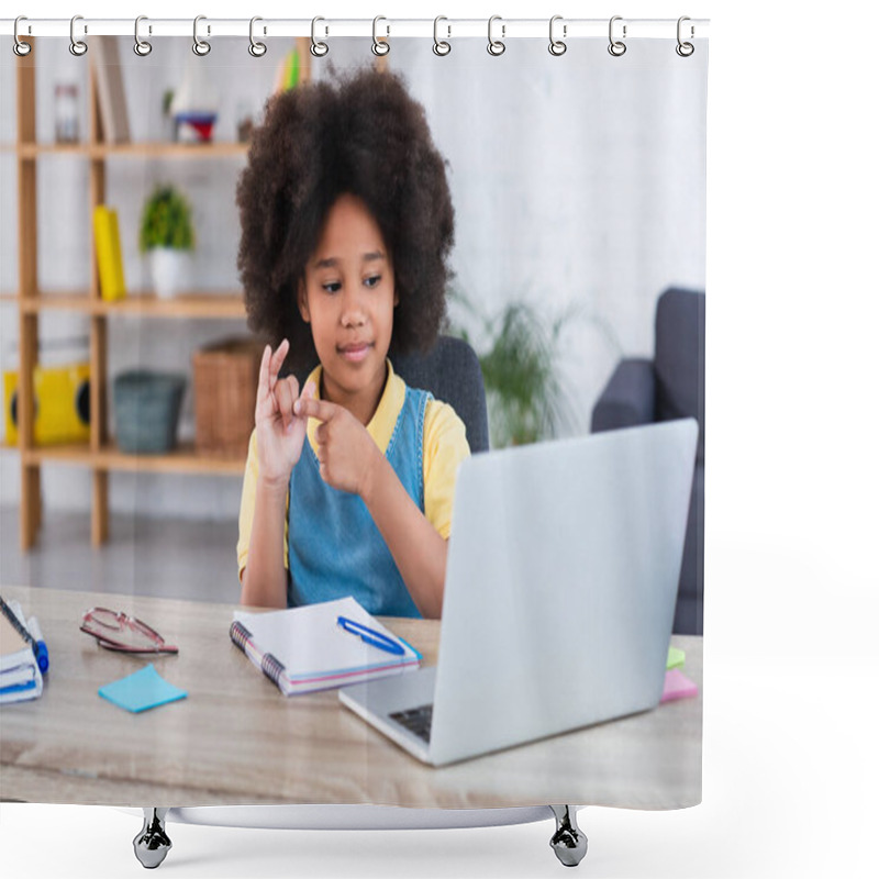 Personality  African American Girl Counting On Fingers Near Laptop And Stationery On Table  Shower Curtains