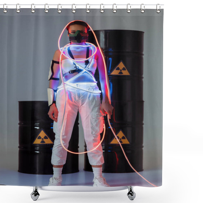 Personality  Futuristic African American Woman In Safety Mask And Neon Light Near Radioactive Waste Barrels Shower Curtains