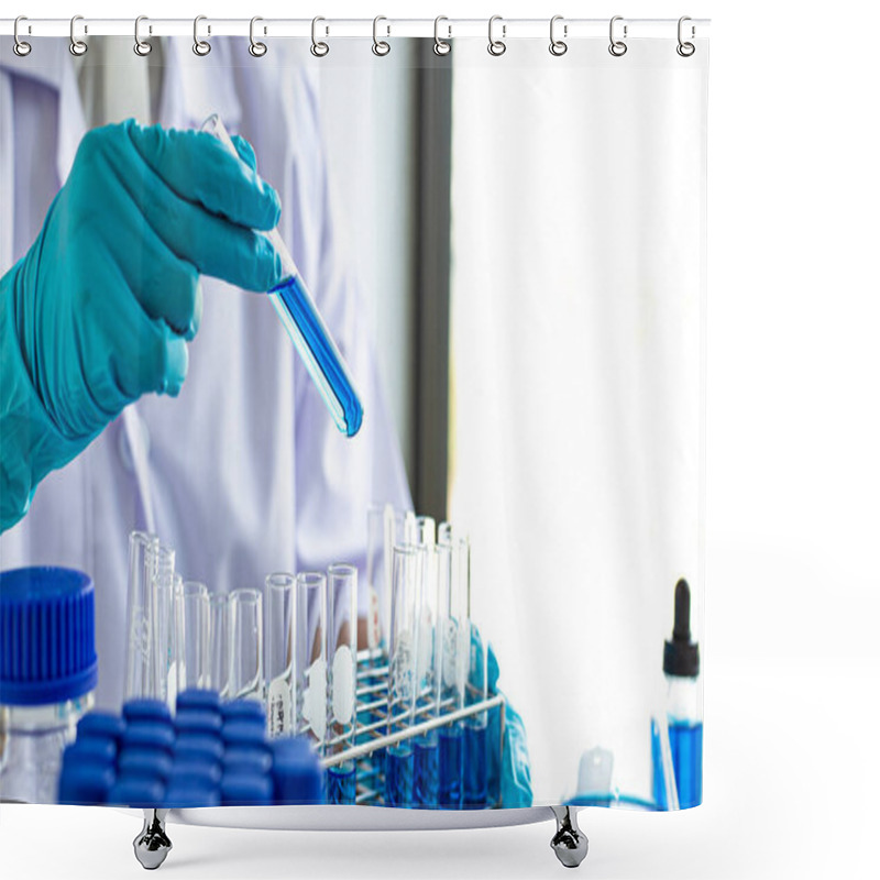 Personality  Scientists Are Carrying Blue Chemical Test Tubes To Prepare For The Determination Of Chemical Composition And Biological Mass In A Scientific Laboratory, Scientists And Research In The Lab Concept. Shower Curtains