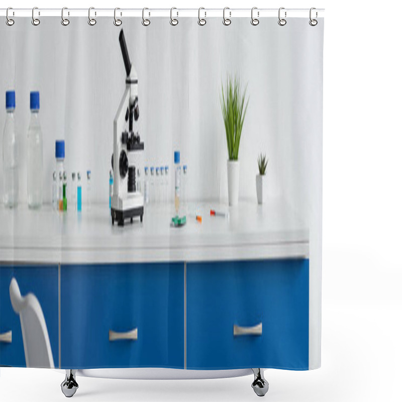 Personality  Vaccines, Pills And Microscope On Table In Laboratory, Banner  Shower Curtains