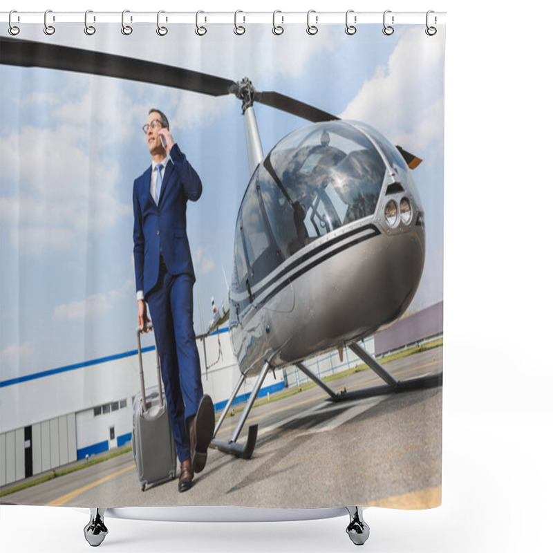 Personality  Businessman In Formal Wear With Suitcase Talking On Smartphone Near Helicopter Shower Curtains