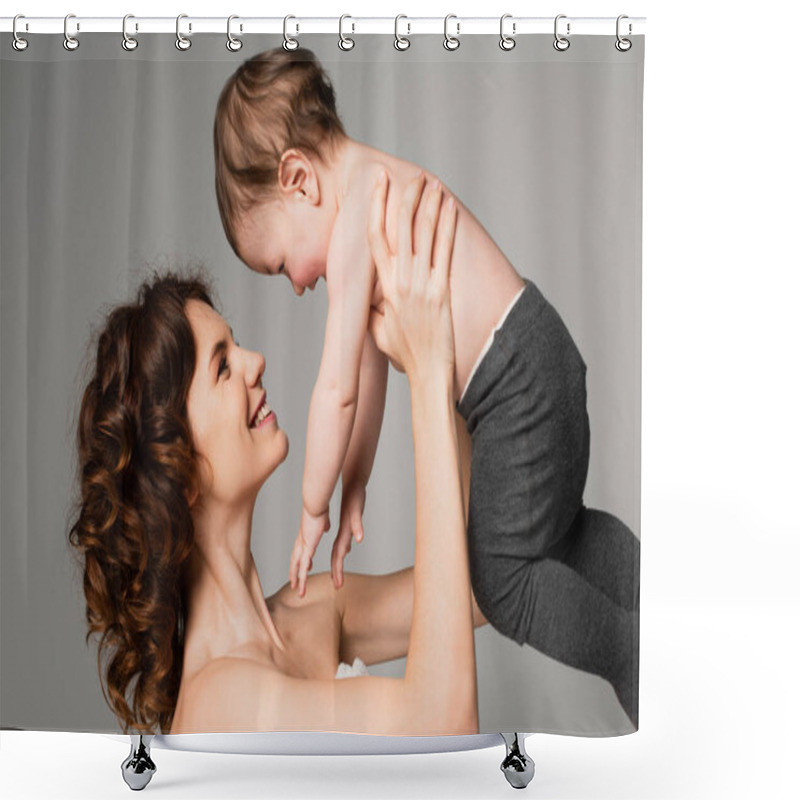 Personality  Happy Mother With Bare Shoulders Holding In Arms Son In Baby Tights Isolated On Grey Shower Curtains