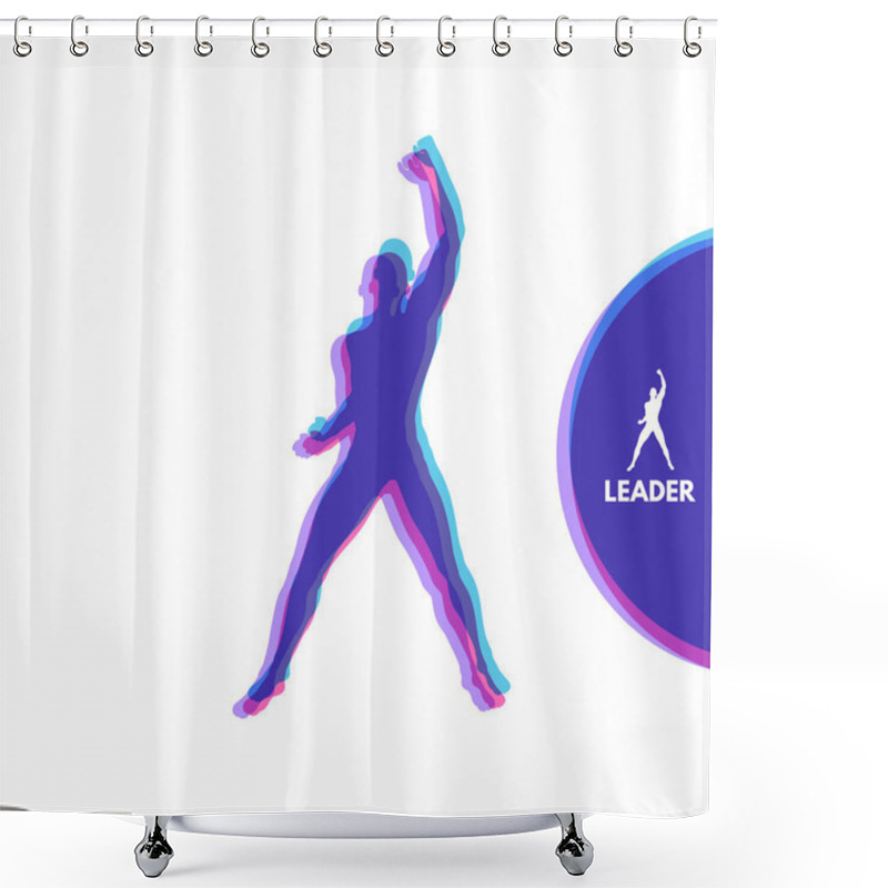 Personality  Leadership Concept. Standing Man. Human With Arm Up. Silhouette For Sport Championship. The Victory Celebration. Vector Illustration. Shower Curtains