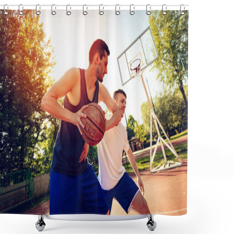 Personality  Two Street Basketball Players Playing One On One. They Are Making A Good Action And Guarding The Ball. Shower Curtains