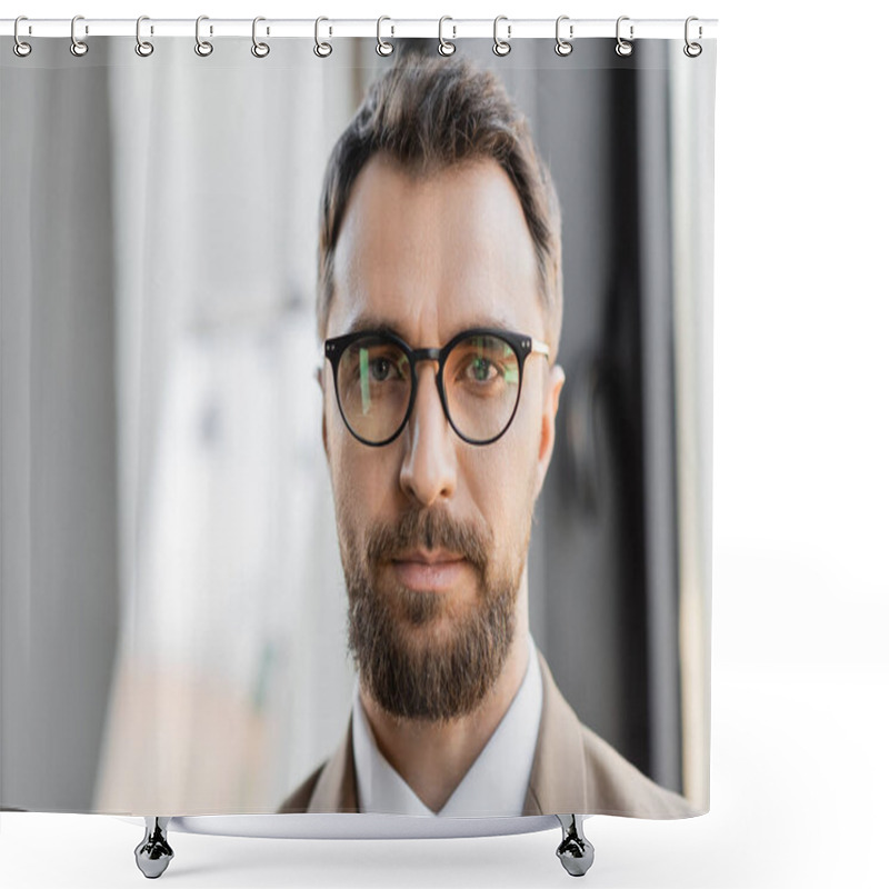 Personality  Portrait Of Brunette And Bearded Successful Businessman In Eyeglasses And Stylish Formal Wear Looking At Camera In Modern Office On Blurred Background Shower Curtains