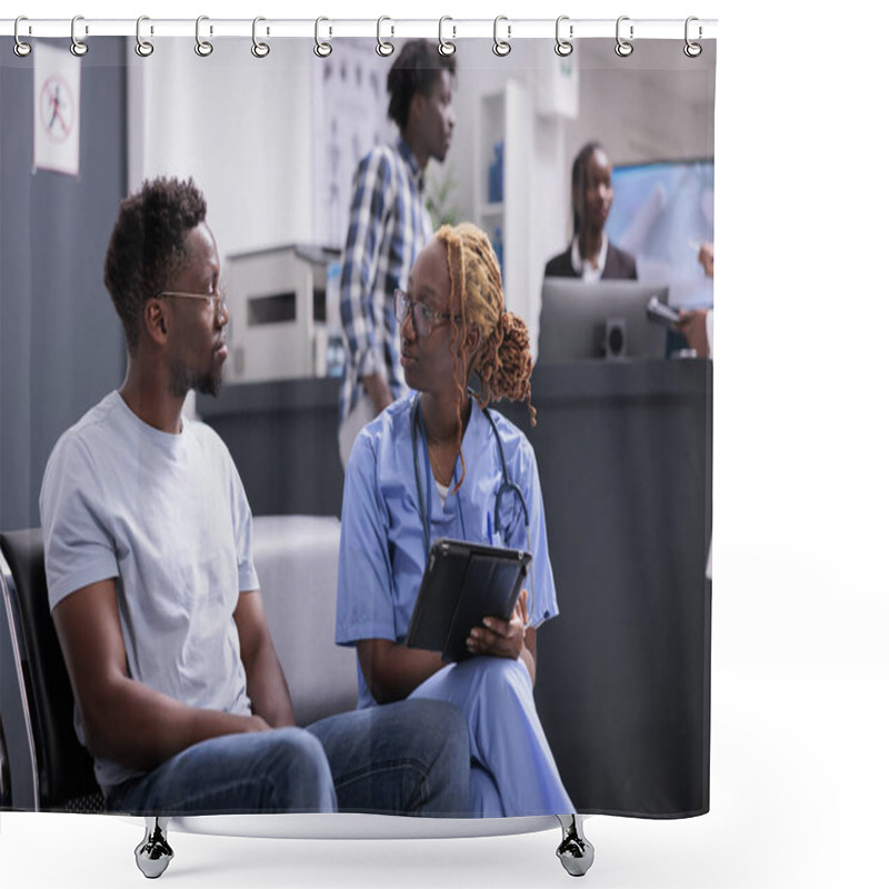 Personality  Female Nurse Doing Consultation With Patient, Taking Notes On Digital Tablet And Writing Report In Waiting Room. Medical Assistant Talking To Man, Consulting Person With Disease In Waiting Area. Shower Curtains