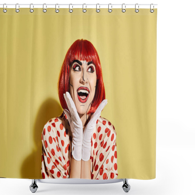 Personality  A Vibrant Redhead Woman In A Polka Dot Shirt And White Gloves Showcases Creative Pop Art Makeup On A Yellow Background. Shower Curtains