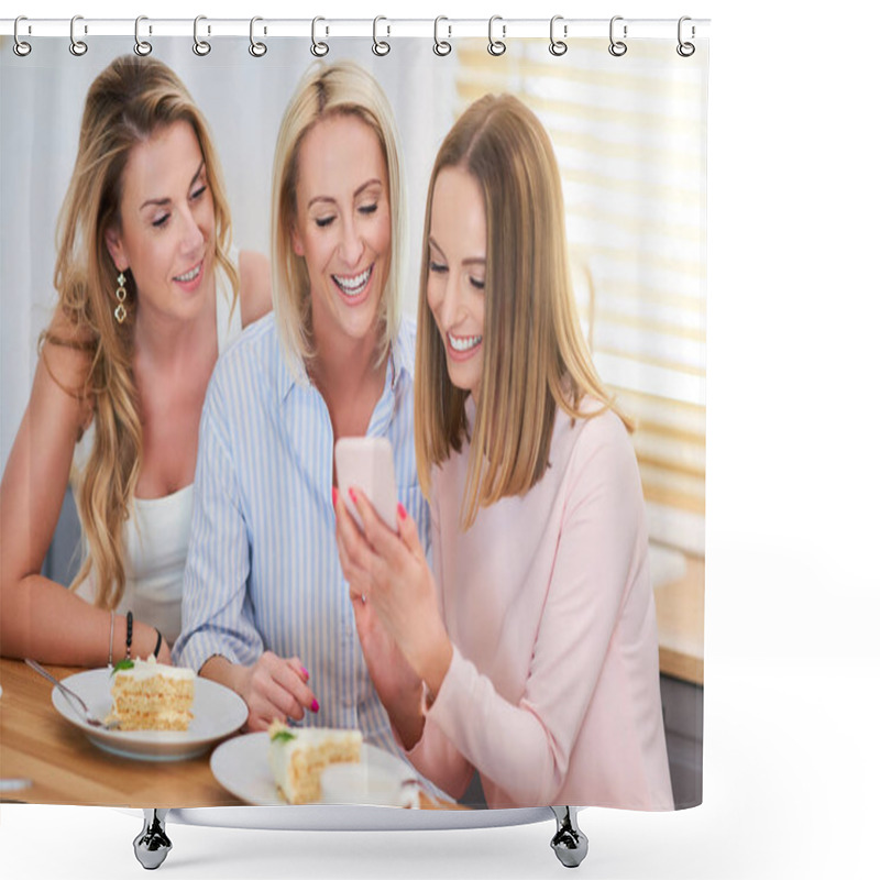 Personality  Picture Presenting Happy Group Of Friends Using Smartphone Shower Curtains