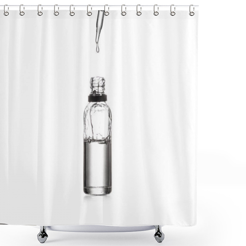 Personality  Studio Shot Of Opened Glass Bottle And Dropper Isolated On White Shower Curtains