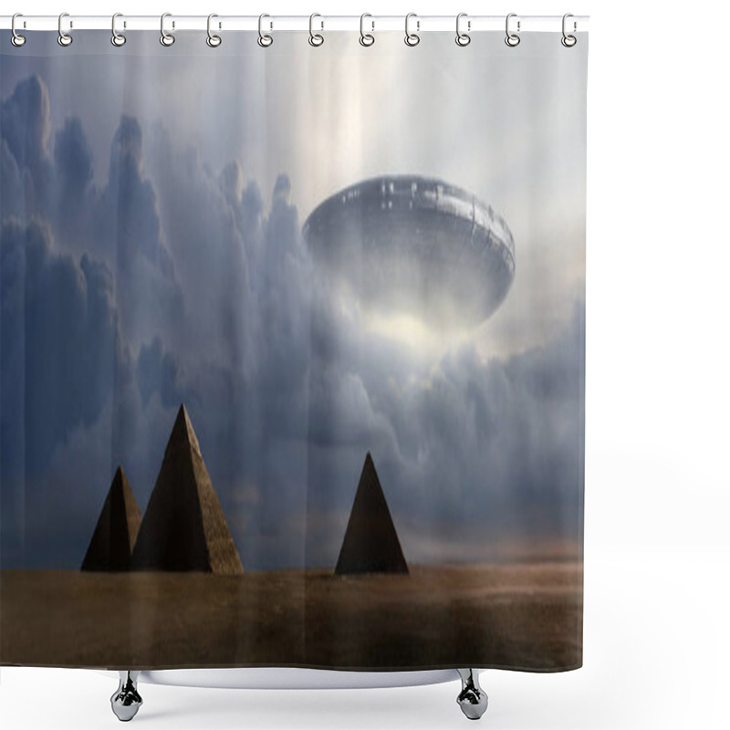 Personality  3D Rendering Of A Flying  Saucer On Pyramids Shower Curtains