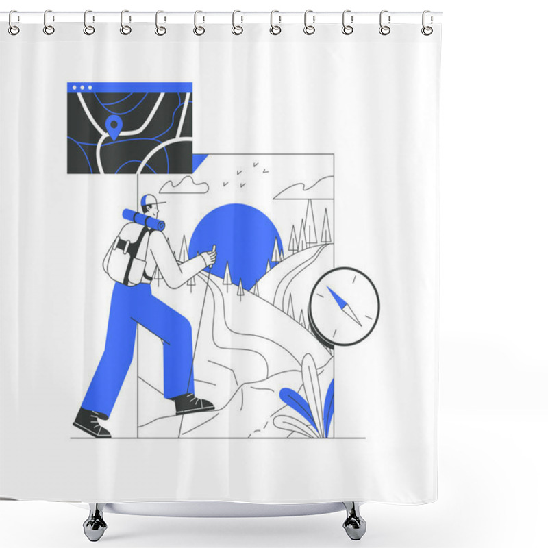 Personality  A Young Male Hiker With A Backpack And Compass, Exploring A Scenic Mountain Trail With Navigation Tools And A Digital Map, Symbolizes Adventure And Exploration. Shower Curtains